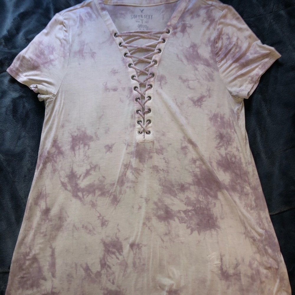 American Eagle purple/white laced up shirt